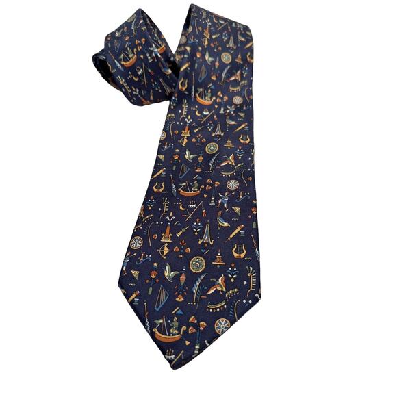 SALVATORE FERRAGAMO Silk TIE Indigo Renaissance Da Vinci Print Mens Silk Necktie - Picture 1 of 5